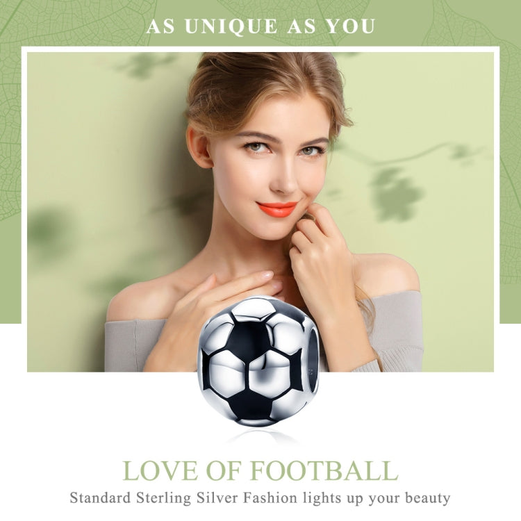 Soccer ball charm bead pendant with black enamel and glossy silver finish on cord