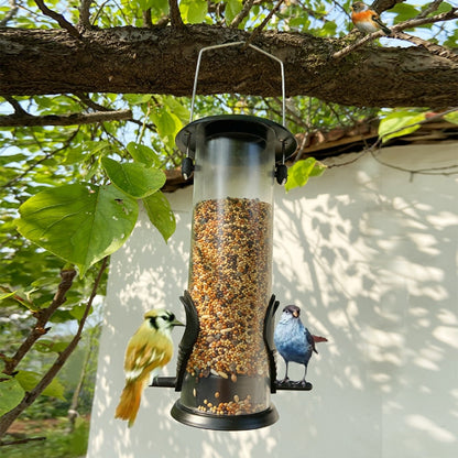 Hanging automatic bird feeder with clear seed tube, black base, and metal hanger