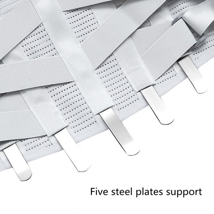 Medical waist support brace with five internal steel plates visible in close-up
