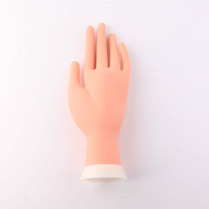 Positionable manicure practice artificial hand model, palm up, pale skin tone.