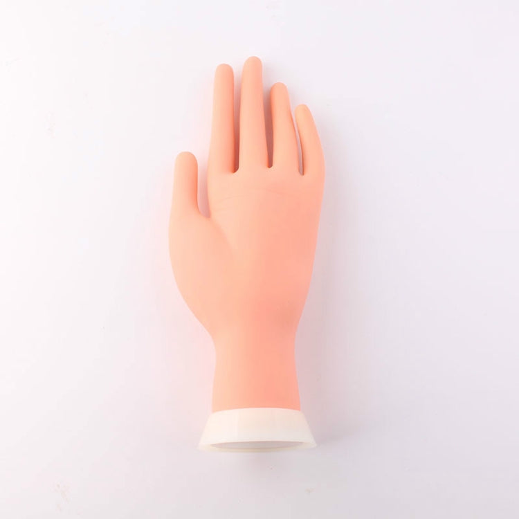 Positionable manicure practice artificial hand model, palm up with visible wrist base.