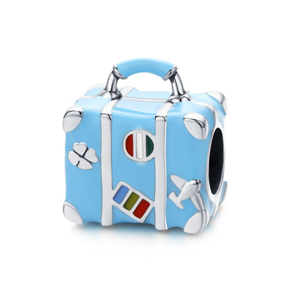 Blue suitcase-shaped charm bead with silver-tone loops and enamel detailing