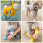 Set of 4 yellow silicone pet rain boots with cartoon paw soles and adjustable cuffs