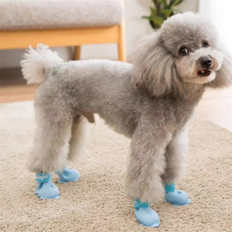 Pet silicone waterproof rain boots set, blue, with cartoon paw design, for small pets