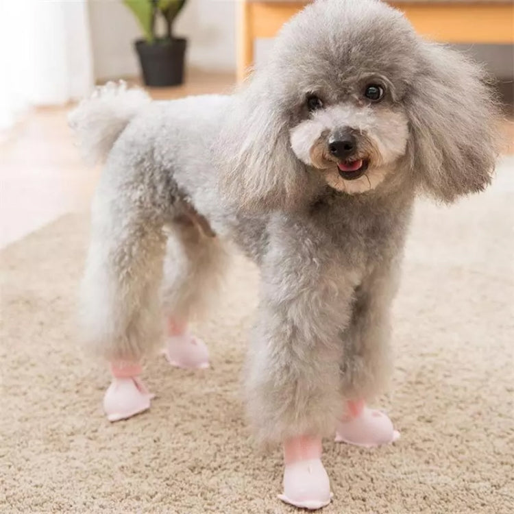 Light pink silicone pet rain boots set on a dog, with cartoon paw soles
