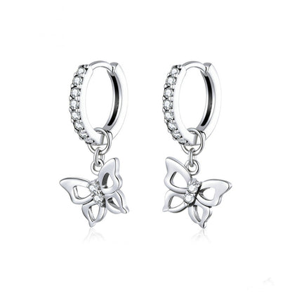 S925 sterling silver butterfly drop earrings with hollow zircon hoop design