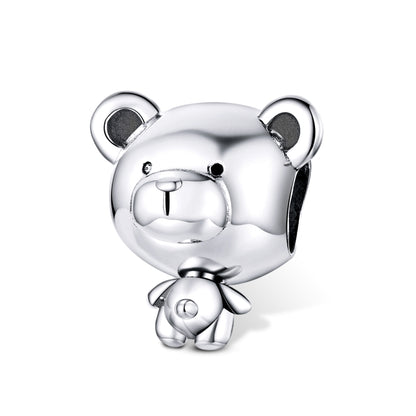 Sterling silver bear charm bead with detailed face, ears, and tiny baby-bear figure