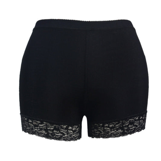 Black butt-shaping shorts with lace waistband hem, back view