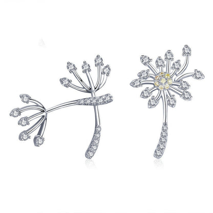 Sterling silver dandelion flower drop earrings with clear and yellow stones