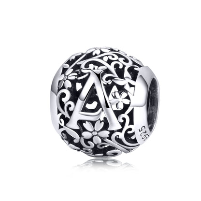 S925 sterling silver letter bead with black enamel and ornate floral scrollwork, A