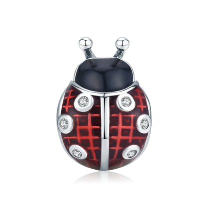 Oxidized silver ladybug pendant charm with red enamel and CZ stone accents