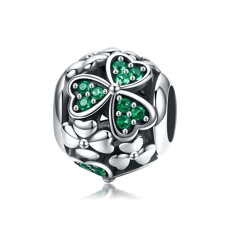 S925 sterling silver clover charm bead with green stones in flower-like petals