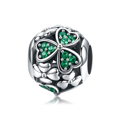 S925 sterling silver clover charm bead with green stones in flower-like petals
