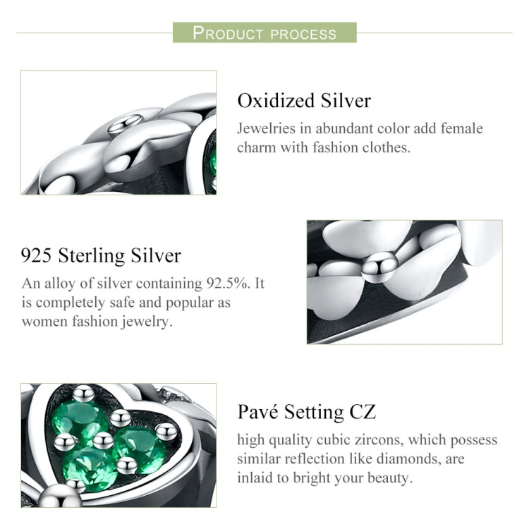 Sterling silver clover bead charm detail graphic with oxidized silver and pavé setting