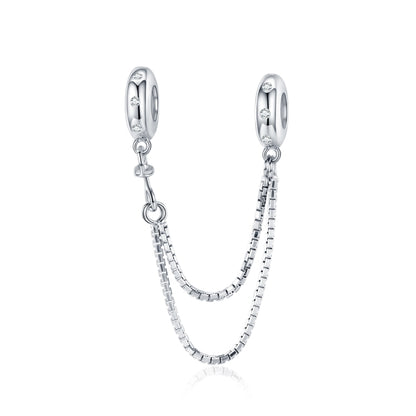 Two-layer silver chain safety bracelet with oval clasp and dangling connector links