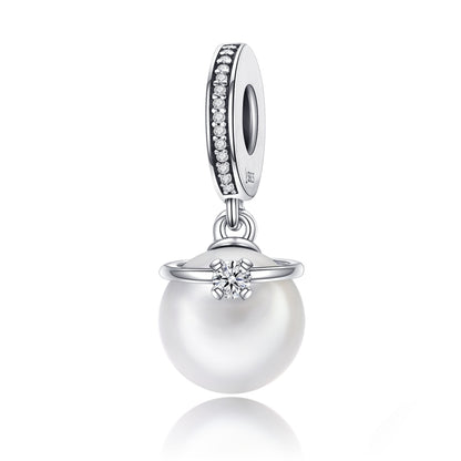 Sterling silver pearl charm pendant with crystal accents