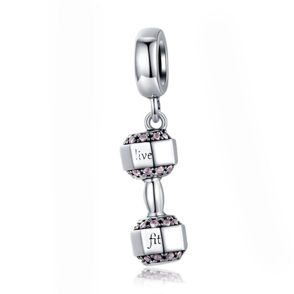 Sterling silver dumbbell pendant charm with pink accents and engraved live fit