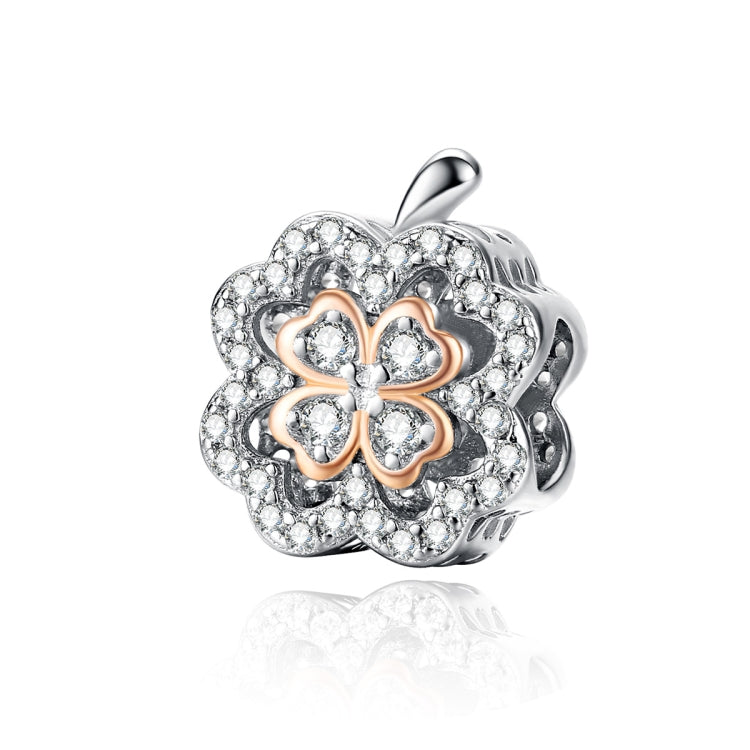 Sterling silver four-leaf clover zircon charm bead with rose gold accents