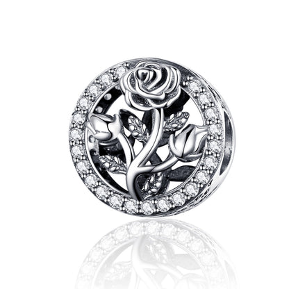 S925 sterling silver rose flower bead charm with clear stones
