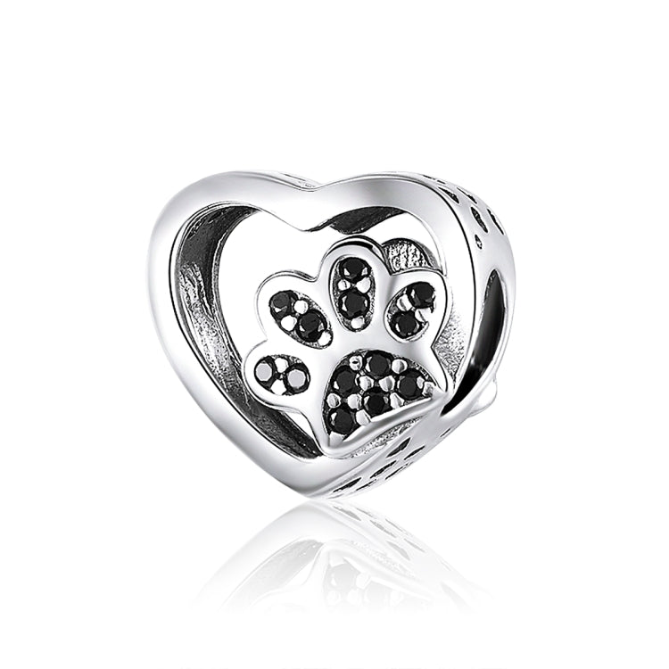 Heart-shaped sterling silver bead with black zircon paw print detail