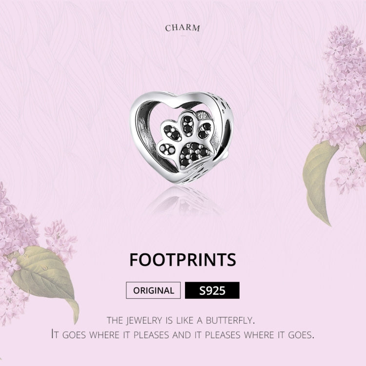 S925 sterling silver heart paw print charm bead with black zircon accents