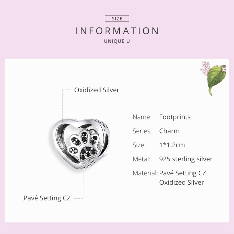 Sterling silver heart paw print charm bead with oxidized finish and black CZ accents