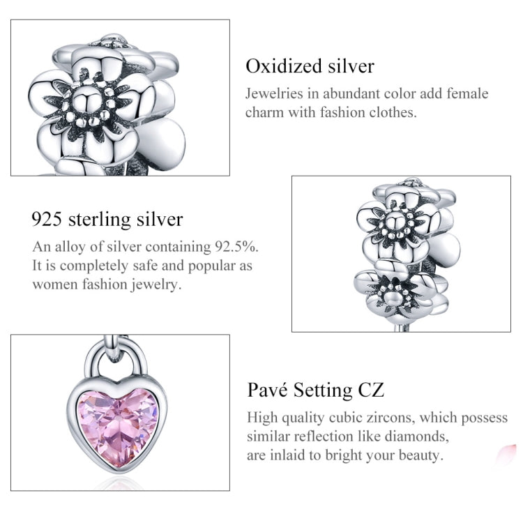 S925 sterling silver flower bead charm with pavé CZ and pink heart pendant