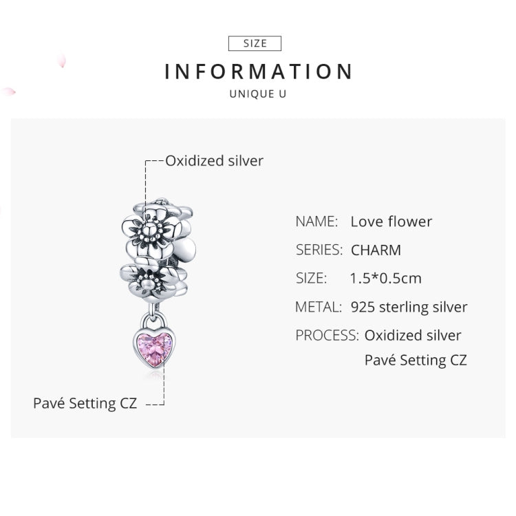 Sterling silver oxidized flower charm with pink heart CZ drop
