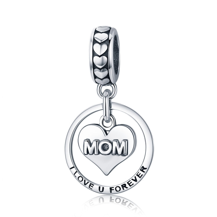 Sterling silver charm bead with heart hearts and round "MOM" pendant, love forever ring