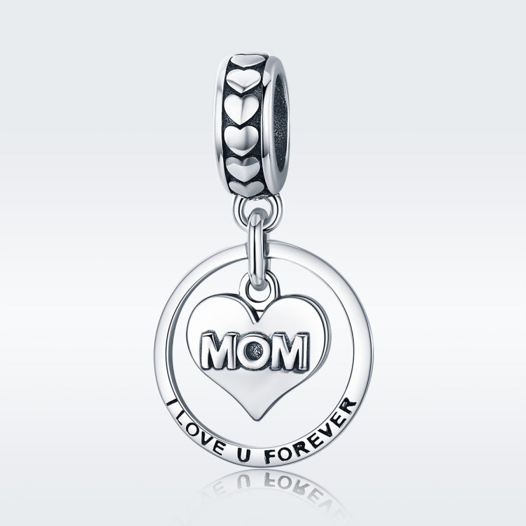 Sterling silver heart charm bead with hanging round "MOM" pendant and love u forever text