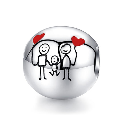 Sterling silver family charm bead with black family figures and red enamel hearts, round