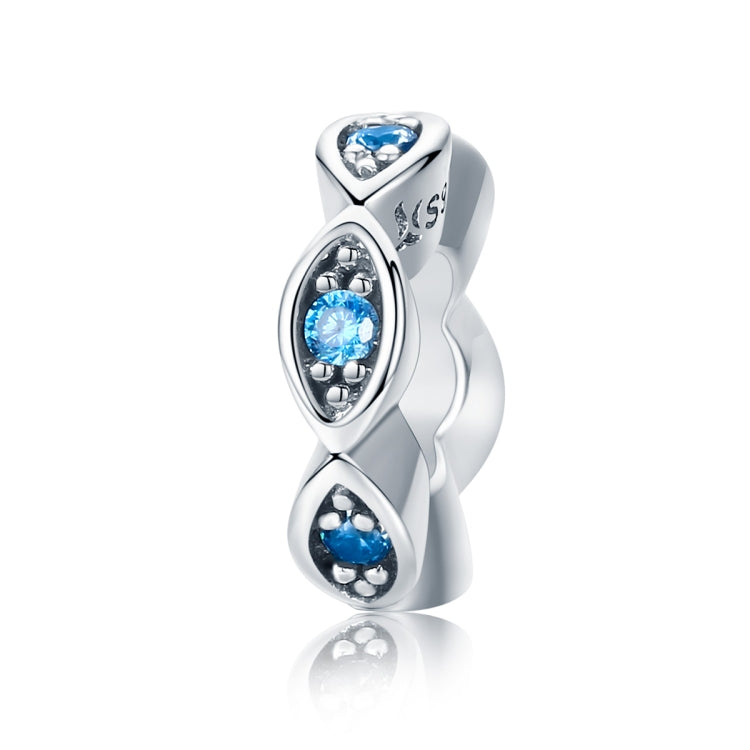 Oxidized silver charm bead with blue crystal eye motif in oval frame