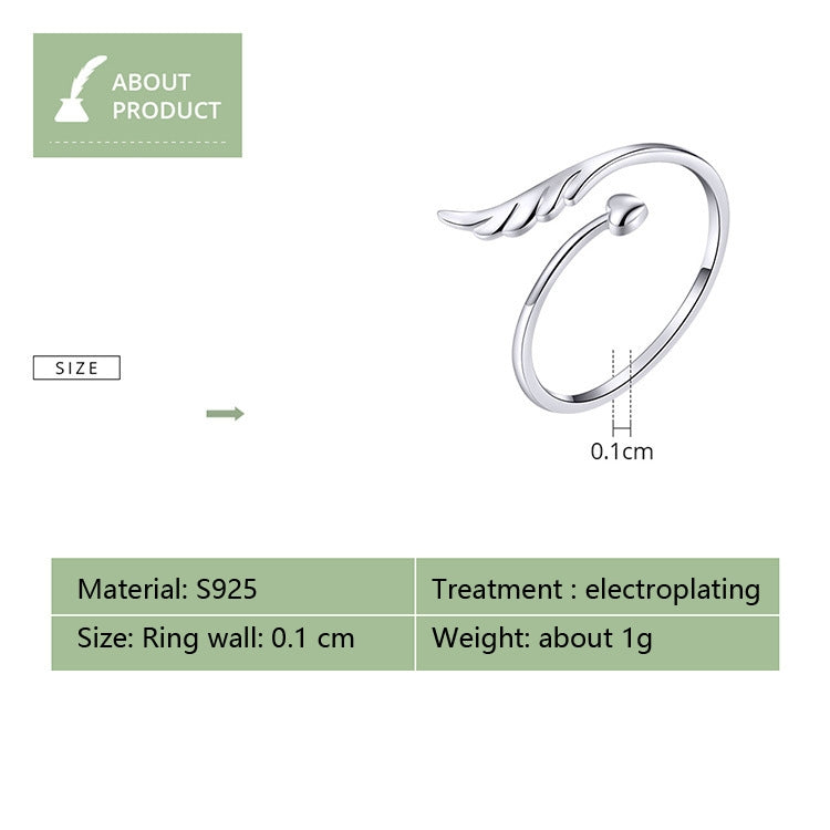 Sterling silver angel wings open ring with thickness and size diagram
