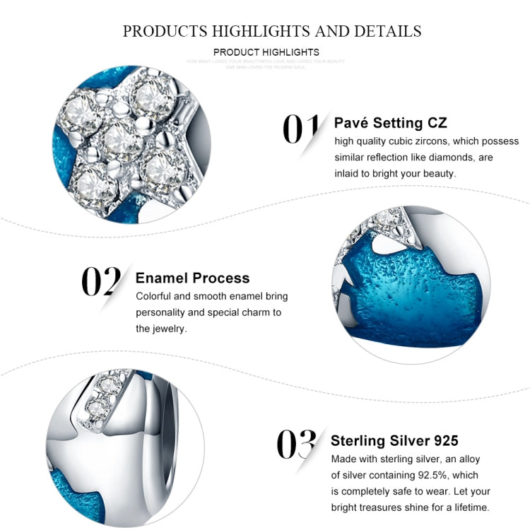 Sterling silver bead bracelet charm infographic with CZ and blue enamel details