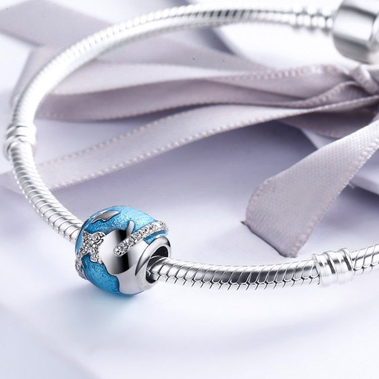 S925 sterling silver charm bead on a silver bracelet, blue globe design