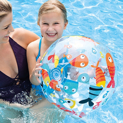 Inflatable beach ball with fish and sea animal print, clear blue