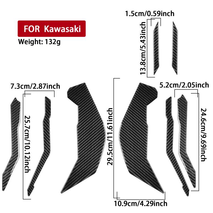 Black carbon-fiber style fuel tank side sticker set with dimension diagram