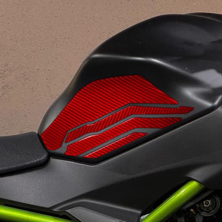 Red carbon-fiber style fuel tank side decoration sticker on Kawasaki Z650 tank