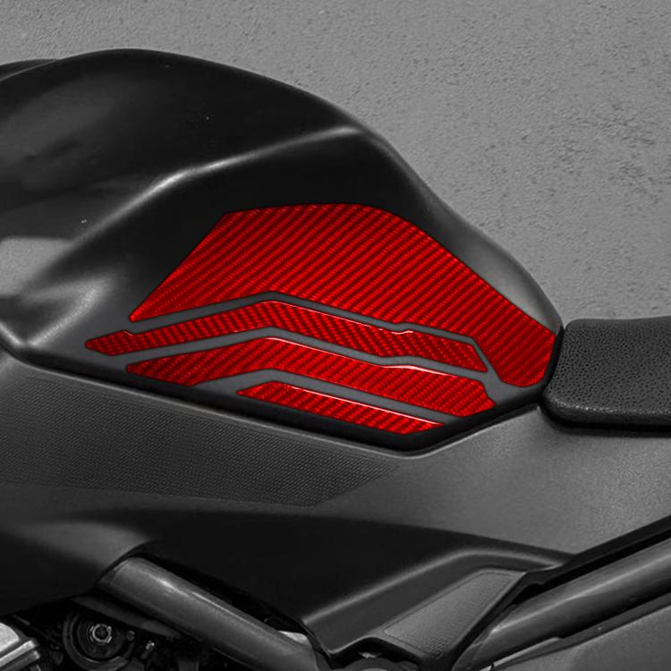 Red carbon-fiber style fuel tank side decoration sticker close-up on tank