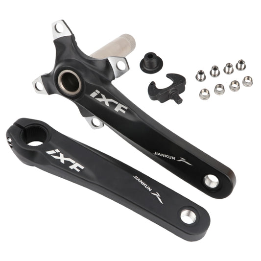 Black hollow mountain bike crankset with left and right cranks and mounting hardware