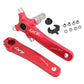 Red hollow mountain bike crankset with left and right cranks and mounting hardware