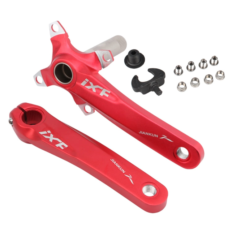 Red hollow mountain bike crankset with left and right cranks and mounting hardware