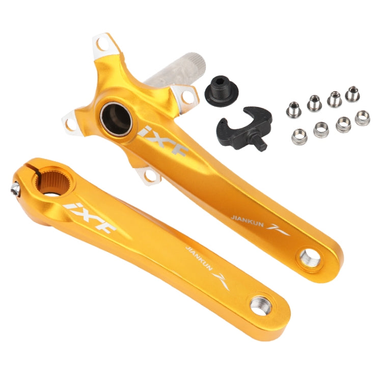 Gold hollow mountain bike crankset with left and right cranks and mounting hardware