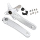 Silver hollow mountain bike crankset with left and right cranks and mounting hardware