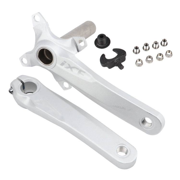 Silver hollow mountain bike crankset with left and right cranks and mounting hardware