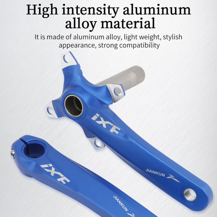 Blue hollow mountain bike crankset with bottom bracket, crank arms close-up
