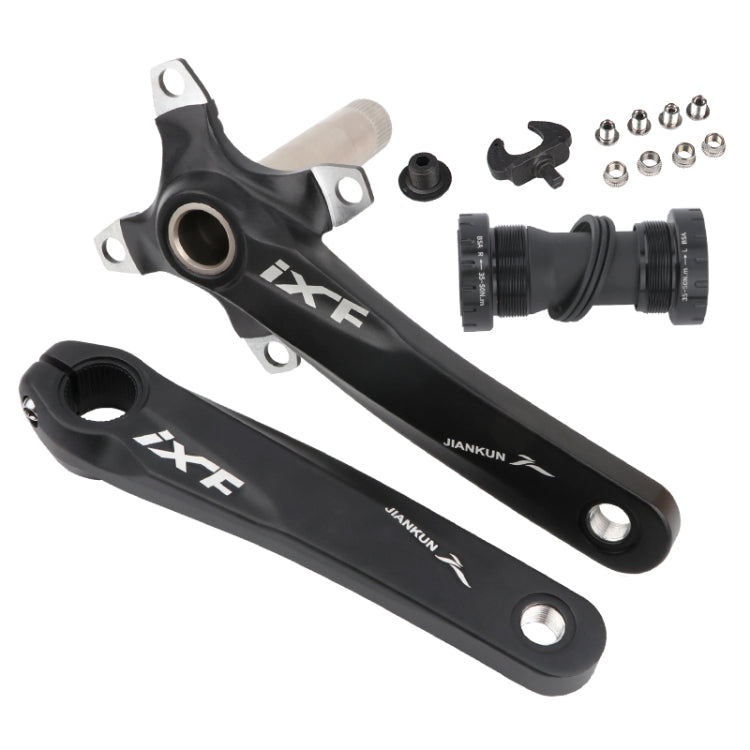 Black hollow mountain bike crankset with bottom bracket and left and right cranks