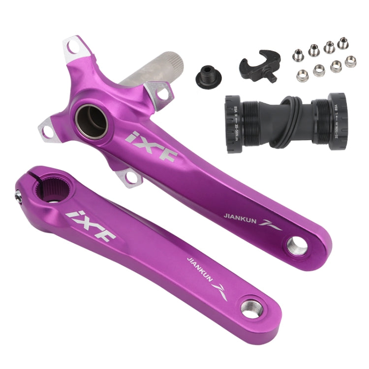 Purple hollow mountain bike crankset with bottom bracket, left and right arms