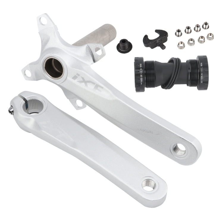 Silver hollow mountain bike crankset with bottom bracket, left and right arms