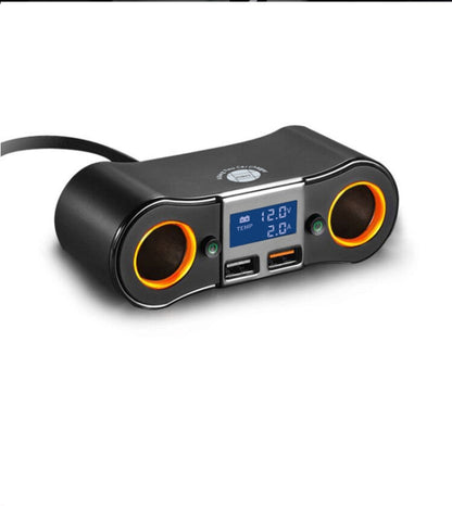 Dual USB car cigarette lighter charger, black with orange ring ports and LED voltage display